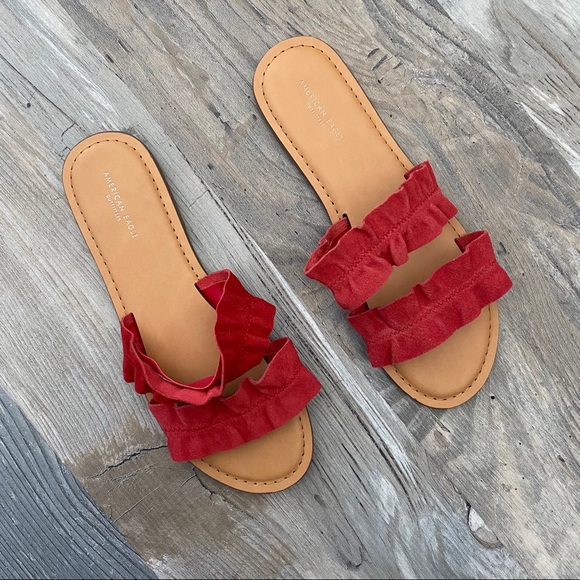 American Eagle Flat Sandals Red Suede two Straps 8 - Picture 2 of 5